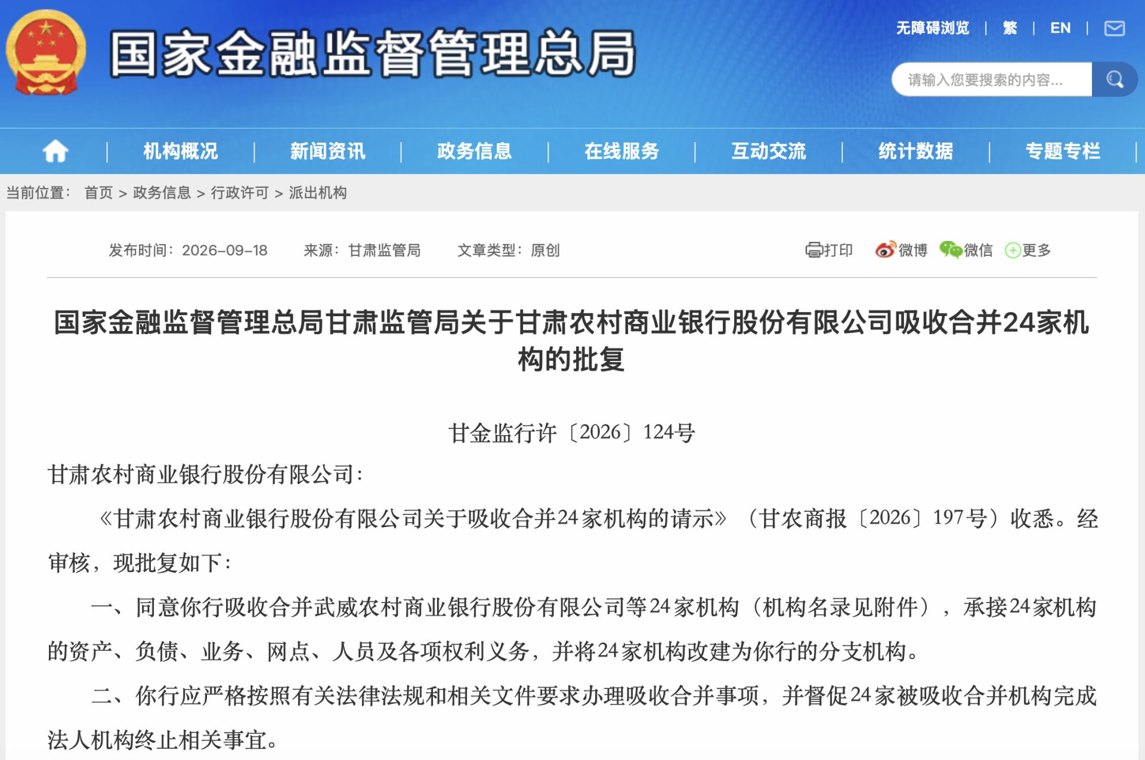 统一法人农商银行再扩围:甘肃24家机构改建分支
